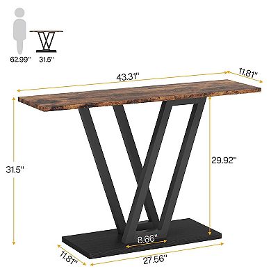 Small Console Table 43 Inch with V-Shaped Metal Base, Marble Look Top Sofa or Entryway Table
