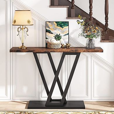 Small Console Table 43 Inch with V-Shaped Metal Base, Marble Look Top Sofa or Entryway Table