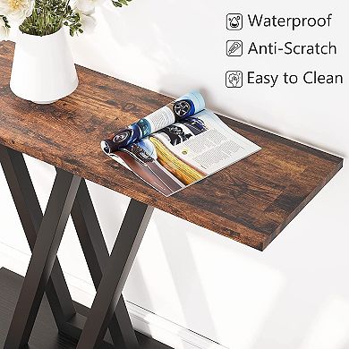 Small Console Table 43 Inch with V-Shaped Metal Base, Marble Look Top Sofa or Entryway Table
