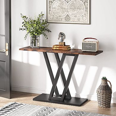 Small Console Table 43 Inch with V-Shaped Metal Base, Marble Look Top Sofa or Entryway Table