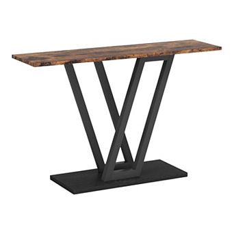 Small Console Table 43 Inch with V-Shaped Metal Base, Marble Look Top Sofa or Entryway Table