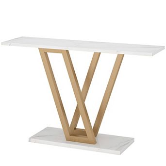 Small Console Table 43 Inch with V-Shaped Metal Base, Marble Look Top Sofa or Entryway Table