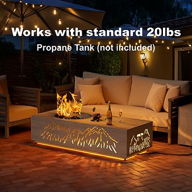 48" Propane Fire Pit Table with LED Light - 50,000 BTU with Wind Guard (Light Grey/Mountain Cutout)