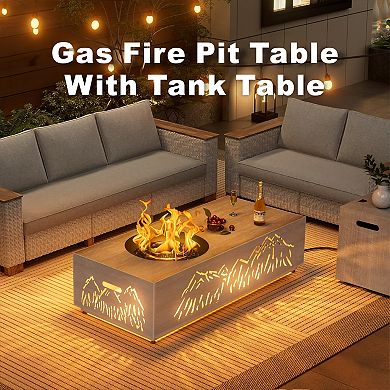 48" Propane Fire Pit Table with LED Light - 50,000 BTU with Wind Guard (Light Grey/Mountain Cutout)