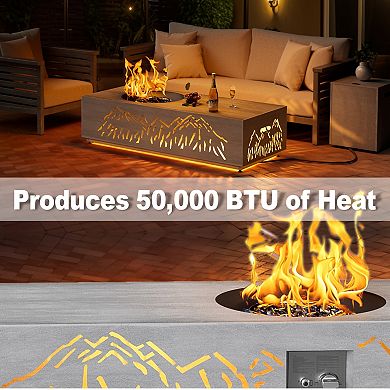 48" Propane Fire Pit Table with LED Light - 50,000 BTU with Wind Guard (Light Grey/Mountain Cutout)