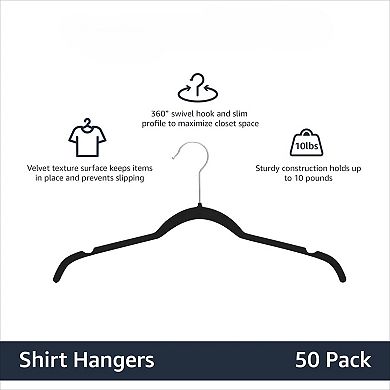 50-Pack Black Non-Slip Velvet Hangers, Slim Space-Saving with Shoulder Notches