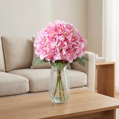 Artificial Silk Hydrangea Arrangement with Glass Vase, Faux Floral Centerpiece for Table Mantel