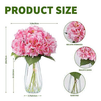 Artificial Silk Hydrangea Arrangement with Glass Vase, Faux Floral Centerpiece for Table Mantel