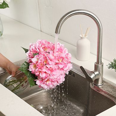 Artificial Silk Hydrangea Arrangement with Glass Vase, Faux Floral Centerpiece for Table Mantel