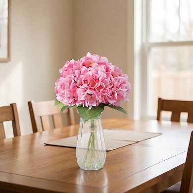 Artificial Silk Hydrangea Arrangement with Glass Vase, Faux Floral Centerpiece for Table Mantel