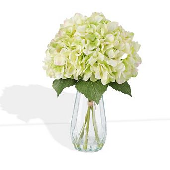Artificial Silk Hydrangea Arrangement with Glass Vase, Faux Floral Centerpiece for Table Mantel