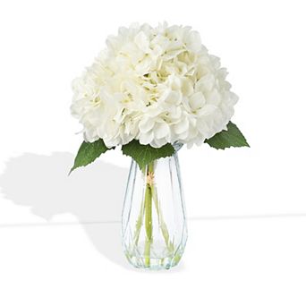 Artificial Silk Hydrangea Arrangement with Glass Vase, Faux Floral Centerpiece for Table Mantel