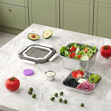 Salad Container Lunch Bowl Lid 3 Compartment Bento Tray Dressing Stainless Steel Box