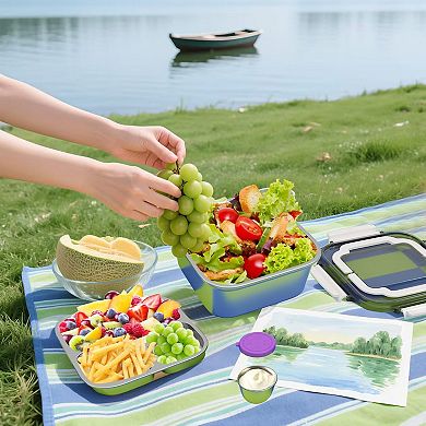 Salad Container Lunch Bowl Lid 3 Compartment Bento Tray Dressing Stainless Steel Box