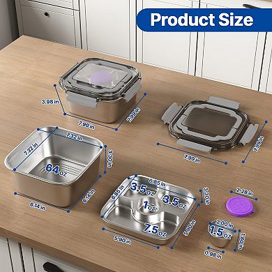 Salad Container Lunch Bowl Lid 3 Compartment Bento Tray Dressing Stainless Steel Box