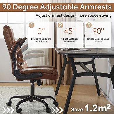 PU Leather Swivel Ergonomic Home Office Chair with Wheels and Flip-Up Armrests