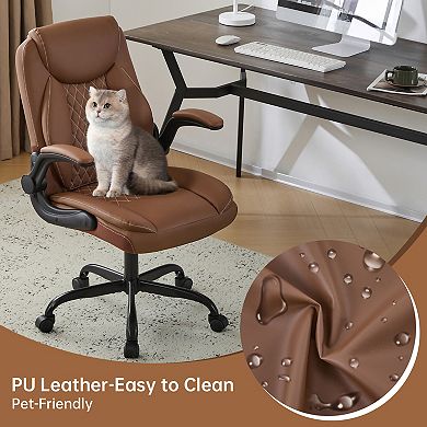 PU Leather Swivel Ergonomic Home Office Chair with Wheels and Flip-Up Armrests