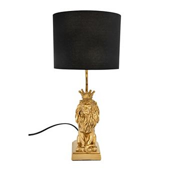 Hello Honey Resin Lion Table Lamp with Black Linen Shade, Gold Finish