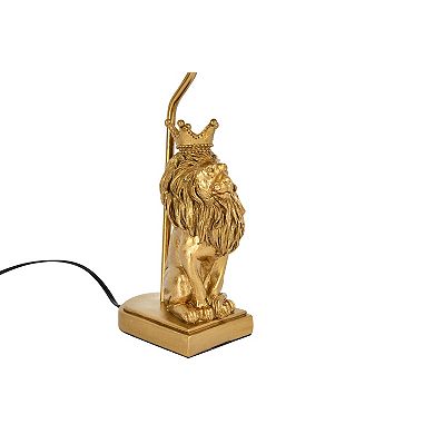 Hello Honey Resin Lion Table Lamp with Black Linen Shade, Gold Finish