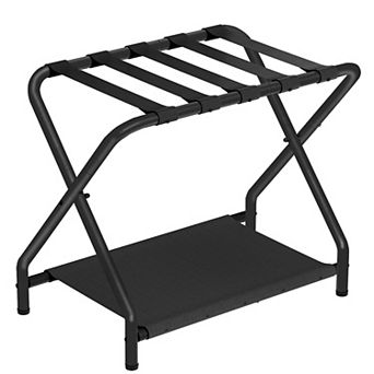 Folding Luggage Rack with Double Layer Storage, Elevated Iron Frame for Bedroom or Guest Room