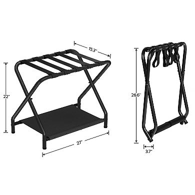 Folding Luggage Rack with Double Layer Storage, Elevated Iron Frame for Bedroom or Guest Room