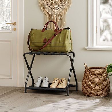 Folding Luggage Rack with Double Layer Storage, Elevated Iron Frame for Bedroom or Guest Room