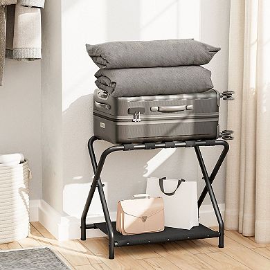 Folding Luggage Rack with Double Layer Storage, Elevated Iron Frame for Bedroom or Guest Room