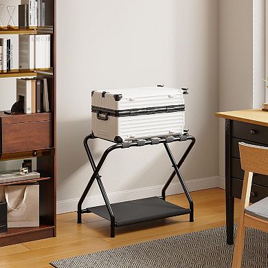 Folding Luggage Rack with Double Layer Storage, Elevated Iron Frame for Bedroom or Guest Room