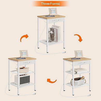 End Table with Charging Station, 3-Tier Storage Shelf for Living Room Bedroom