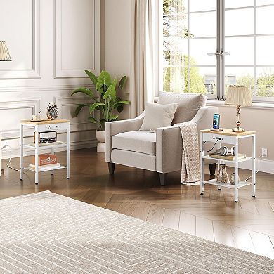 End Table with Charging Station, 3-Tier Storage Shelf for Living Room Bedroom
