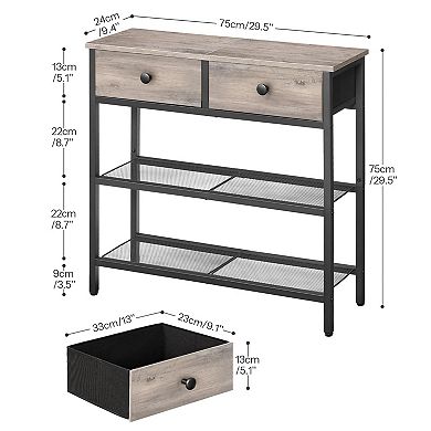 3 Tier Console Table with Drawers and Wire Shelves, Narrow Sofa Table for Small Spaces
