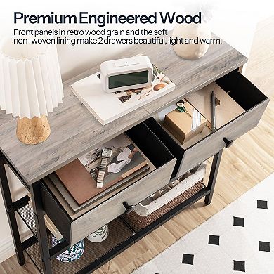3 Tier Console Table with Drawers and Wire Shelves, Narrow Sofa Table for Small Spaces