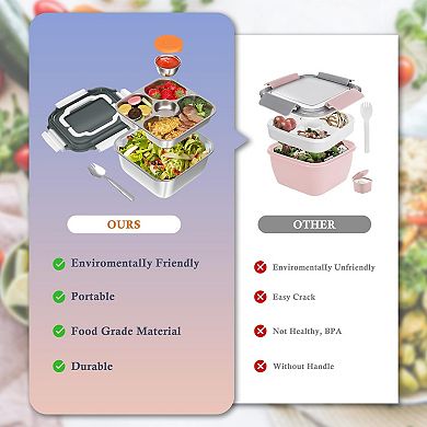 64oz Salad Container Lunch Bowl Spork Bento Tray Sauce Pot