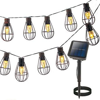Solar Powered Vintage String Lights 10 Warm White LEDs Metal Cage IP67 Outdoor