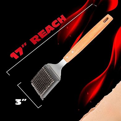 Great Ambitions Replaceable Grill Brush & Scraper: Large Wood Handle, No-Scratch Steel Bristles