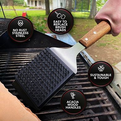 Great Ambitions Replaceable Grill Brush & Scraper: Large Wood Handle, No-Scratch Steel Bristles
