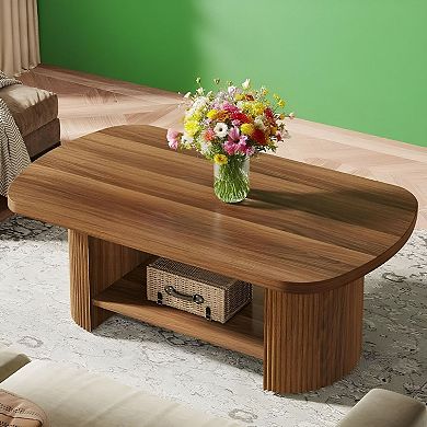 Dual-Tier Oval Coffee Table with Engineered Wood Top for Living Room or Office - Brown