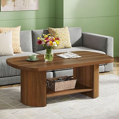 Dual-Tier Oval Coffee Table with Engineered Wood Top for Living Room or Office - Brown
