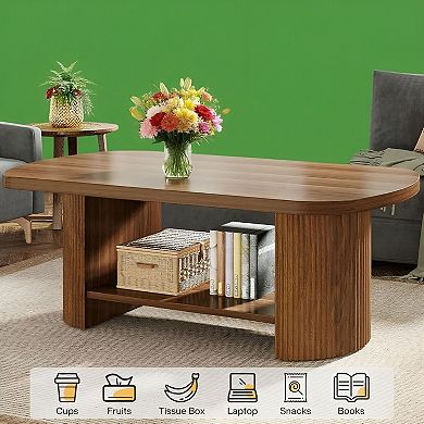 Dual-Tier Oval Coffee Table with Engineered Wood Top for Living Room or Office - Brown