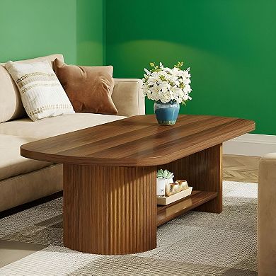 Dual-Tier Oval Coffee Table with Engineered Wood Top for Living Room or Office - Brown