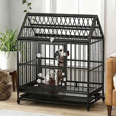 IFMALL Heavy Duty Dog Crate with Lockable Wheels and Double Doors