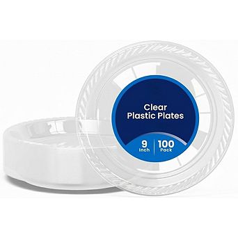 Great Ambitions 100-Pack 9" Heavy-Duty Clear Plates: Disposable, Microwavable for Parties