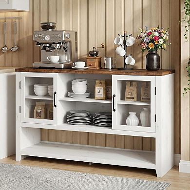 Buffet Cabinet with Glass Doors, Farmhouse Coffee Bar Storage Console for Dining Room, Entryway