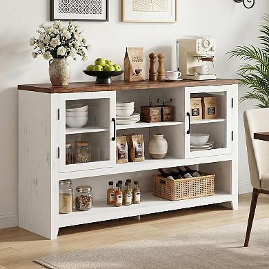 Buffet Cabinet with Glass Doors, Farmhouse Coffee Bar Storage Console for Dining Room, Entryway