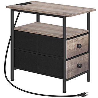 Compact Industrial Side Table with Storage Drawers and Device Charging
