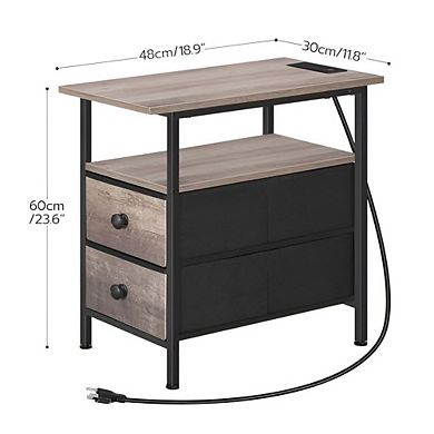 Compact Industrial Side Table with Storage Drawers and Device Charging