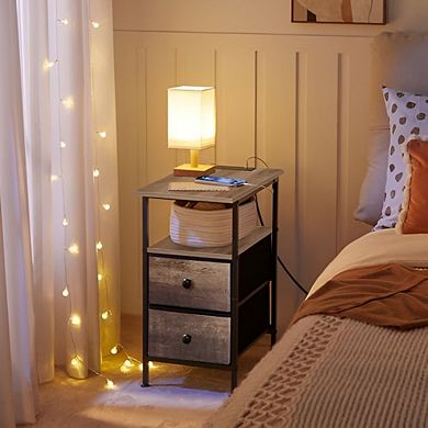 Compact Industrial Side Table with Storage Drawers and Device Charging