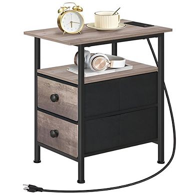 Compact Industrial Side Table with Storage Drawers and Device Charging
