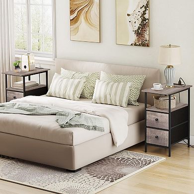 Compact Industrial Side Table with Storage Drawers and Device Charging