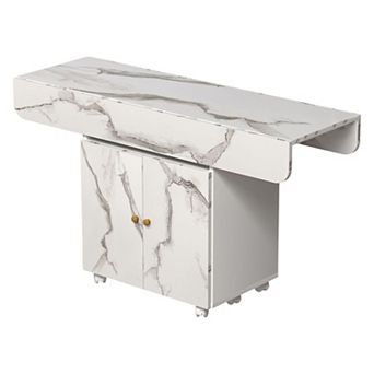 Rolling Folding Kitchen Table with Drawers and Shelves, Engineered Wood, Seats Up to 6